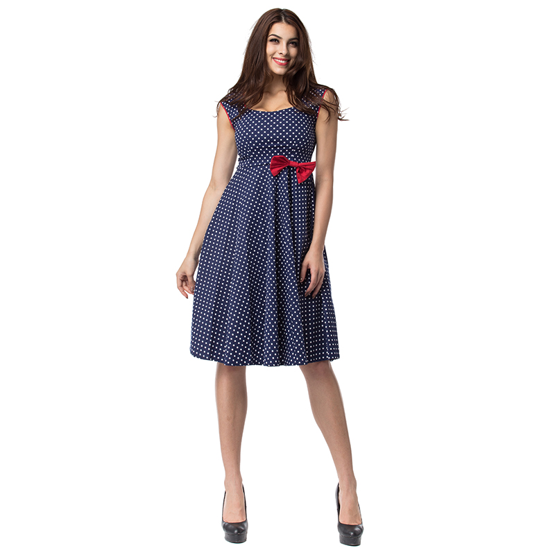 F2510  Blue and White Polka Dot With Red Bow Sleeveless Tank Dress Ball Gown